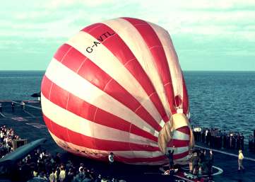 [ Hot air balloon being inflated on the flight deck of Ark Royal - 15Kb ]